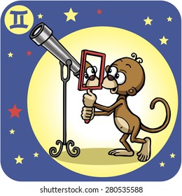 Monkey with mirror. Stars and Zodiac sign - Gemini.  Telescope and Stars. Vector illustration. Cartoon style.
Emotional little monkey with large expressive eyes - the symbol of 2016.