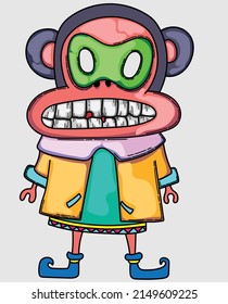 monkey monster cartoon standing in a long dress with a wide smile expression showing its big teeth