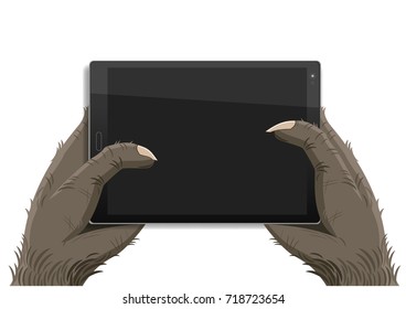 A monkey or a monster holds a tablet in his hands. Vector graphics