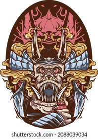 monkey monster illustration wearing a samurai helmet emitting smoke from an e-cigarette for t-shirt design poster and sticker