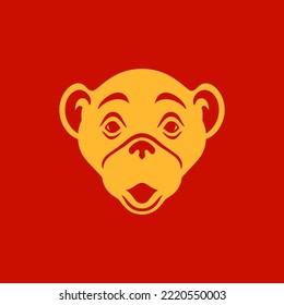 Monkey Muzzle Ape Primate Head Chinese New Year Monochrome Golden Icon Vector Flat Illustration. Chimpanzee Gorilla Asian Horoscope Astrology Zodiac Prosperity Exotic Animal Portrait Logo