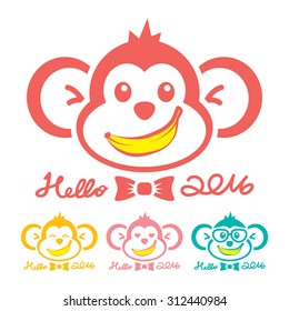 Monkey New Year Icon Symbol. Hello 2016. Vector illustration. Can use of banner, brochure, flyer, greeting card.