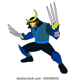 Monkey ninja warrior with six swords in hand