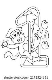 monkey with number one coloring page or book for kids