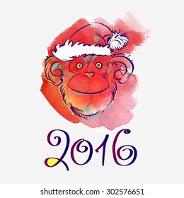 The monkey with the numbers. New year card. Vector illustration