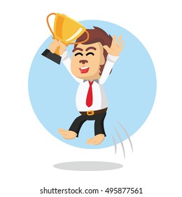 monkey office jumping with holding trophy