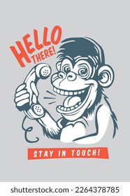 Monkey with old telephone handset speaking t-shirt graphic design. Funny shirt or clothing print template with comic style drawing of monkey with phone. Vector artwork.