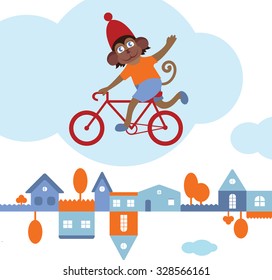 monkey on a bike flying over the town