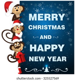 Monkey on a blue background with snowflakes. The year of the monkey. Vector illustration.