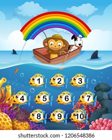 Monkey on the boat fishing illustration