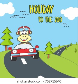 monkey on car, vector cartoon, coloring book or page