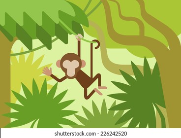 Monkey on the climber tree branch jungle flat design cartoon vector wild animals. Flat zoo nature children collection.