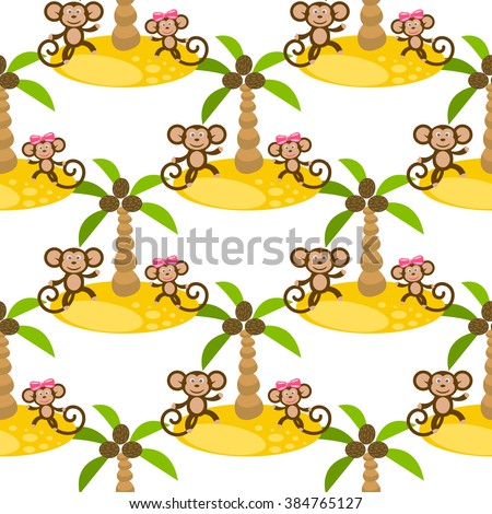 Monkey on island kid seamless vector pattern for textile print. Green happy cartoon jungle ape couple with coconut palm trees. Baby fabric pattern.