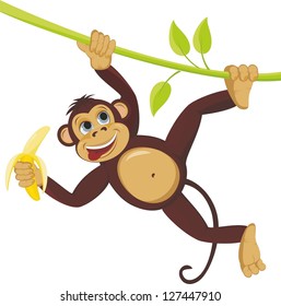 Monkey on liana with banana