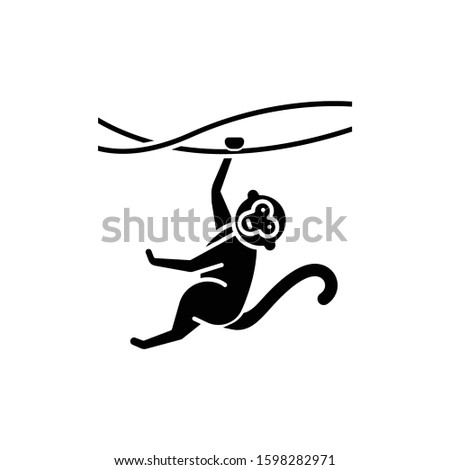 Monkey on liana glyph icon. Tropical country animal, mammal. Exploring exotic Indonesian wildlife. Primate hanging on branch. Silhouette symbol. Negative space. Vector isolated illustration