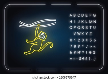 Monkey on liana neon light icon. Tropical country animal. Exploring exotic Indonesian wildlife. Primate hanging on branch. Glowing sign with alphabet, numbers and symbols. Vector isolated illustration