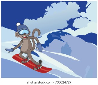 monkey on a skateboard rolls down the mountain. the winter sports. vector