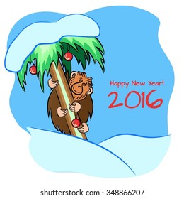 monkey on a snowed decorated palm tree, Happy New Year. vector