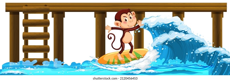Monkey on surfboard with water waves illustration