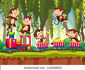 Monkey on train in the jungle illustration