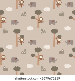 Monkey on tree cartoon so cute. On cloud mountain elephant background. Pattern seamless vector illustration. 