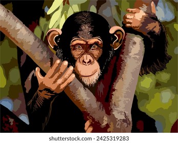 monkey on a tree, color drawing in vector