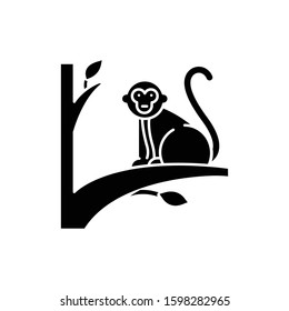 Monkey on tree glyph icon. Tropical country animal, mammal. Exploring exotic Indonesia islands wildlife. Primate sitting. Silhouette symbol. Negative space. Vector isolated illustration