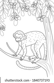 A monkey on a tree in the jungle. Coloring page for coloring book. Cartoon vector illustration.