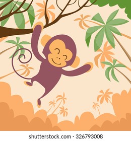 Monkey on Tree Jungle Happy Smile Flat Vector Illustration