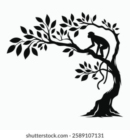 Monkey on Tree Silhouette Vector - Jungle Wildlife Illustration