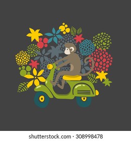 Monkey on the vintage scooter. Cute vector illustration with flower background.