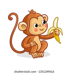 The monkey on a white background eats a banana. Vector illustration with a cute animal from Africa.