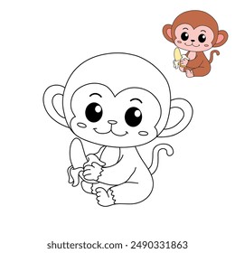 Monkey on a white background eats banana vector. Monkey Eating Banana. Cute Monkey Coloring Pages. Monkey Cartoon Character Outline for Coloring. 