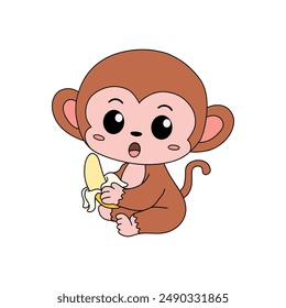 Monkey on a white background eats banana vector. Monkey Eating Banana. Cute Monkey Coloring Pages. Monkey Cartoon Character Outline for Coloring. 