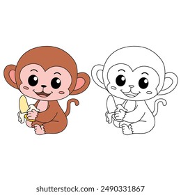 Monkey on a white background eats banana vector. Monkey Eating Banana. Cute Monkey Coloring Pages. Monkey Cartoon Character Outline for Coloring. 