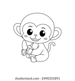 Monkey on a white background eats banana vector. Monkey Eating Banana. Cute Monkey Coloring Pages. Monkey Cartoon Character Outline for Coloring. 