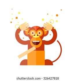Monkey opens a gift. Merry Christmas and Happy New Year. Flat design vector illustration.