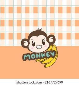 Monkey with orange and green plaid pattern vector background. Orange plaid on fabric pattern. Square pattern for cloth. Orange square background.