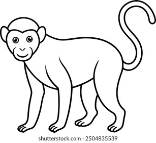 Monkey outline illustration, swinging from a tree branch with a curled tail, drawn with minimalistic lines on a white background.