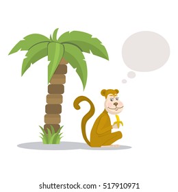 Monkey with palm tree  illustration.Vector Wild african cartoon animal isolated on a  white background in flat style