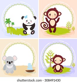 monkey, panda, koala bears, set of cards design  with funny animals, template banner for your text with round frame. Vector