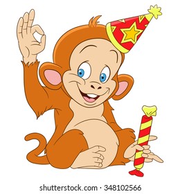 Monkey in a party hat. Cartoon character isolated on white background. Colorful design for kids activity book, coloring page, colouring picture. Vector illustration for children.