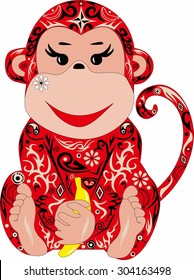 monkey with a pattern, an animal with drawing, a macaque with banana, drawing on an animal, a happy monkey, a pattern from flowers and lines, yellow banana, a monkey illustration,