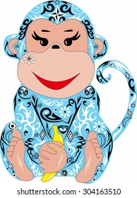 monkey with a pattern, an animal with drawing, a macaque with banana, drawing on an animal, a happy monkey, a pattern from flowers and lines, yellow banana, a monkey illustration,