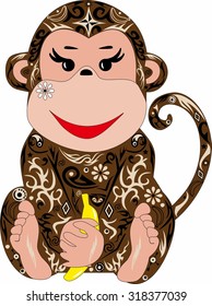monkey with a pattern, an animal with drawing, a macaque with banana, drawing on an animal, a happy monkey, a pattern from flowers and lines, an animal with fruit, yellow banana, a monkey illustration
