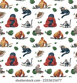 Monkey pattern. Seamless tropical print with funny jungle primate characters, endless backdrop with different species of apes. Vector cartoon texture. Forest beasts or creatures in nature