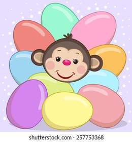 Monkey peeking out from behind the eggs 