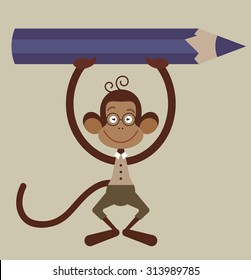 Monkey with pencil - back to school illustration