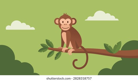 Monkey perched on branch in green forest canopy scene with clouds.