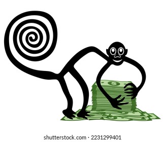 Monkey with a pile of money - a paraphrase of the famous geoglyph The Monkey from Nazca, Nazca desert, Peru, South America